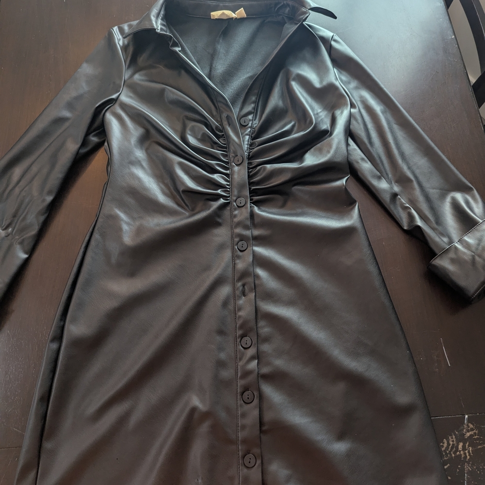Black Faux Leather Button-Up Dress